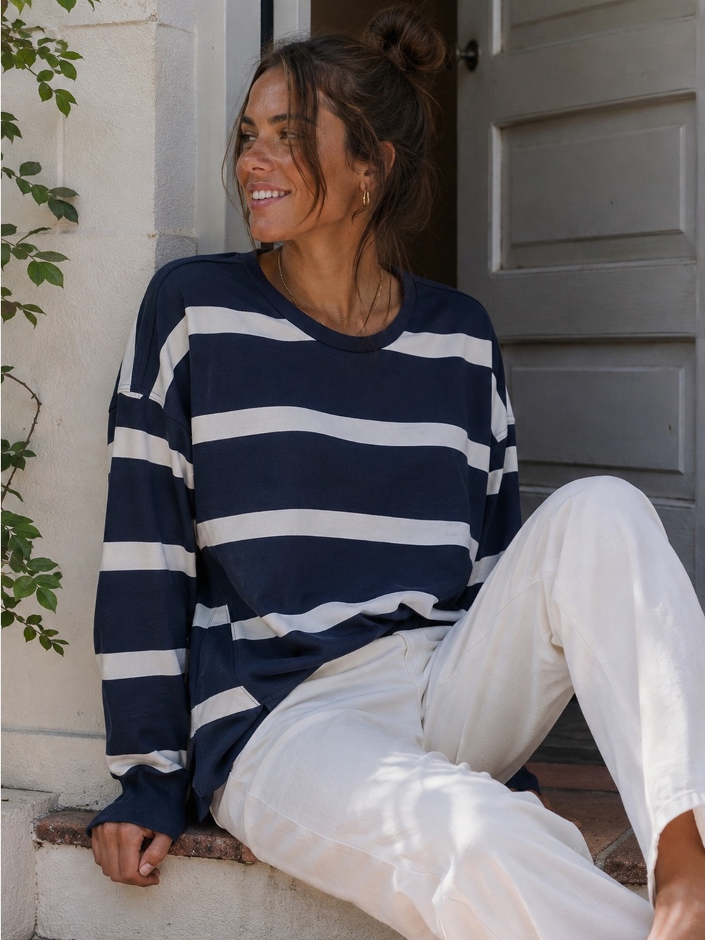 Cable & Gauge Navy White Striped Modal Blend Pullover Top Relaxed Coastal Large